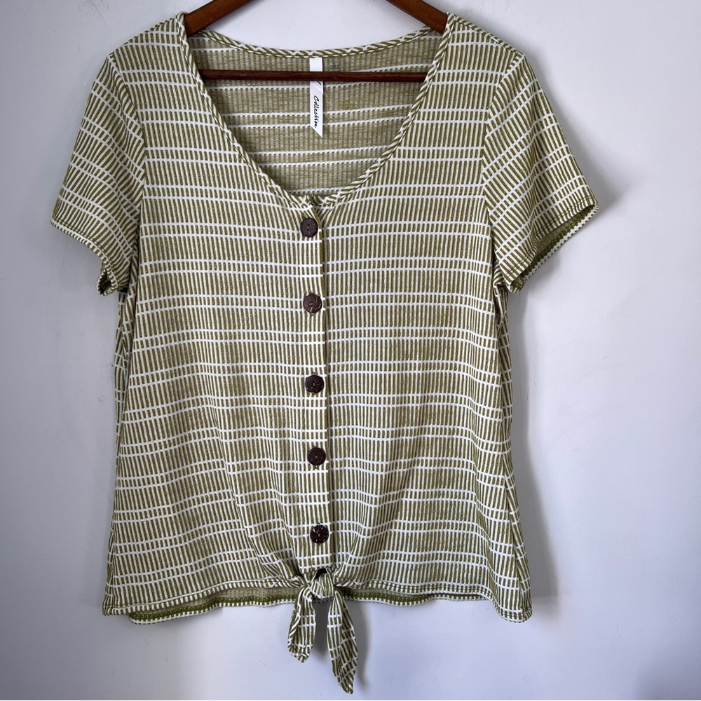 NY Collection Top Front Tie Button Down Stripes Women Size Large